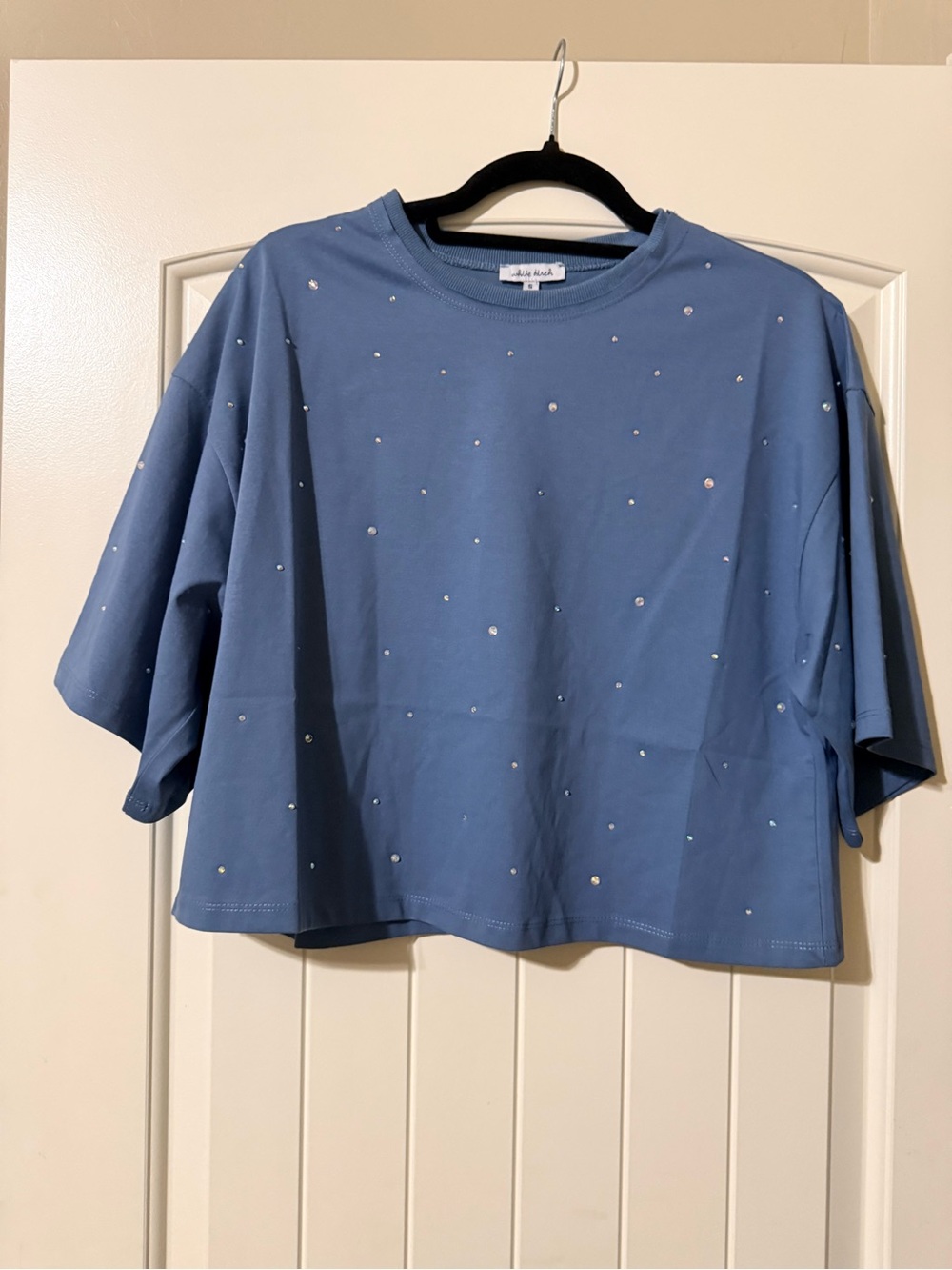 white birch Blue Crystal-Stud Boxy Crop Tee NWOT